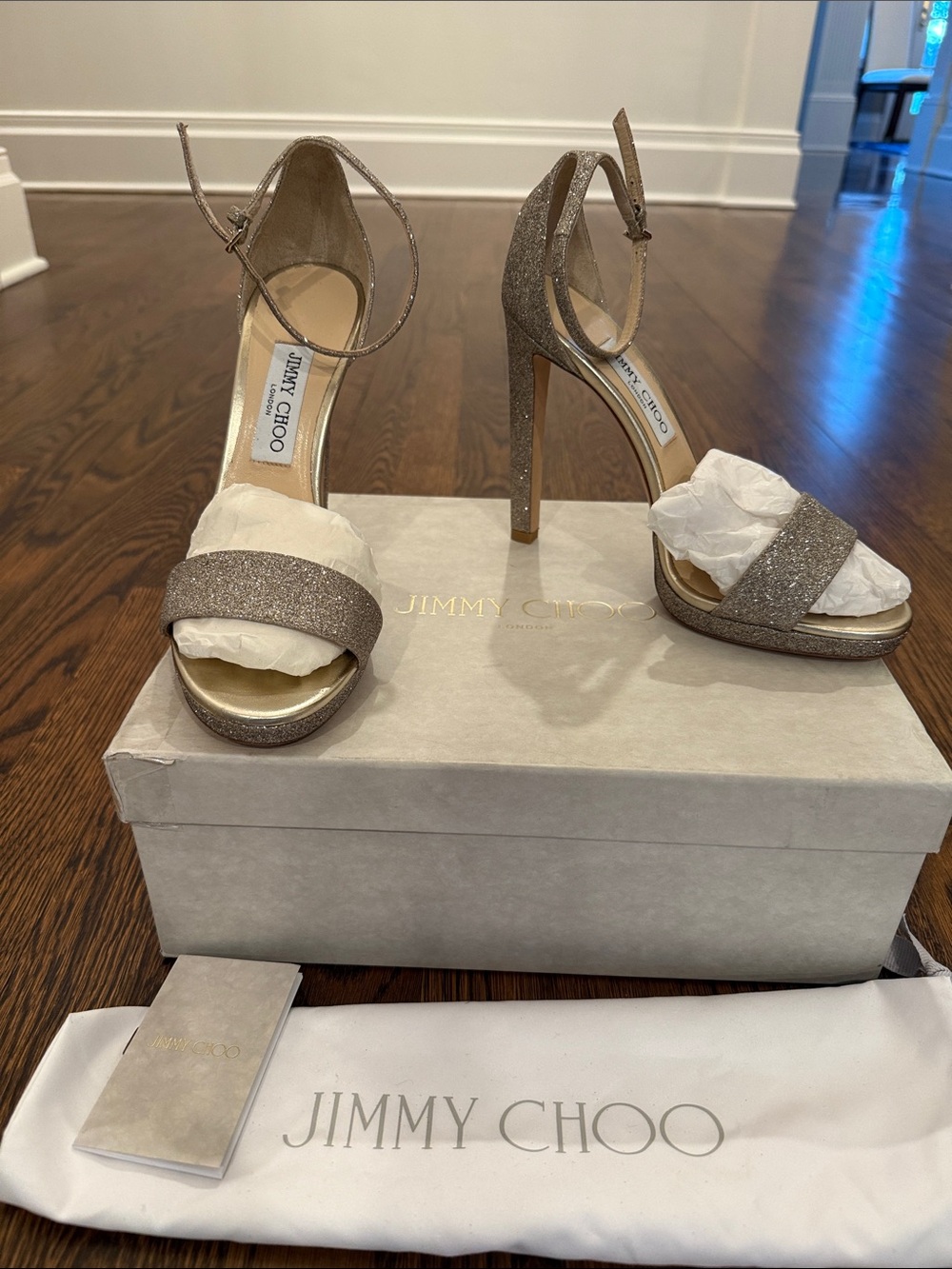Jimmy Choo Glitter Ankle-Strap High Heels in Champagne Gold/ platinum